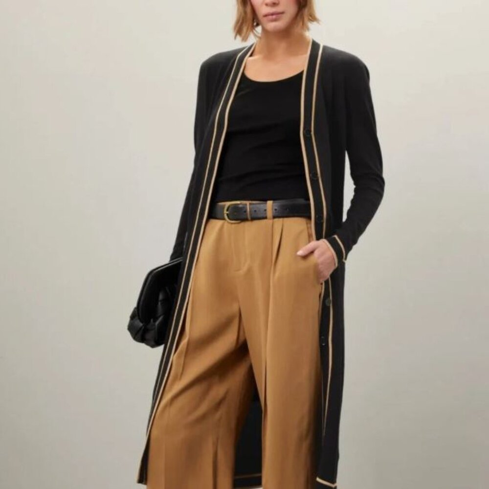 Lauren Ralph Lauren LARGE Long Duster Cardigan Cotton Designer Black Tan Stripe - Picture 4 of 10